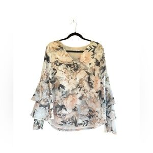 Calvin Klein Women’s Blouse Floral Tan White Ruffled Sleeves Medium Workwear